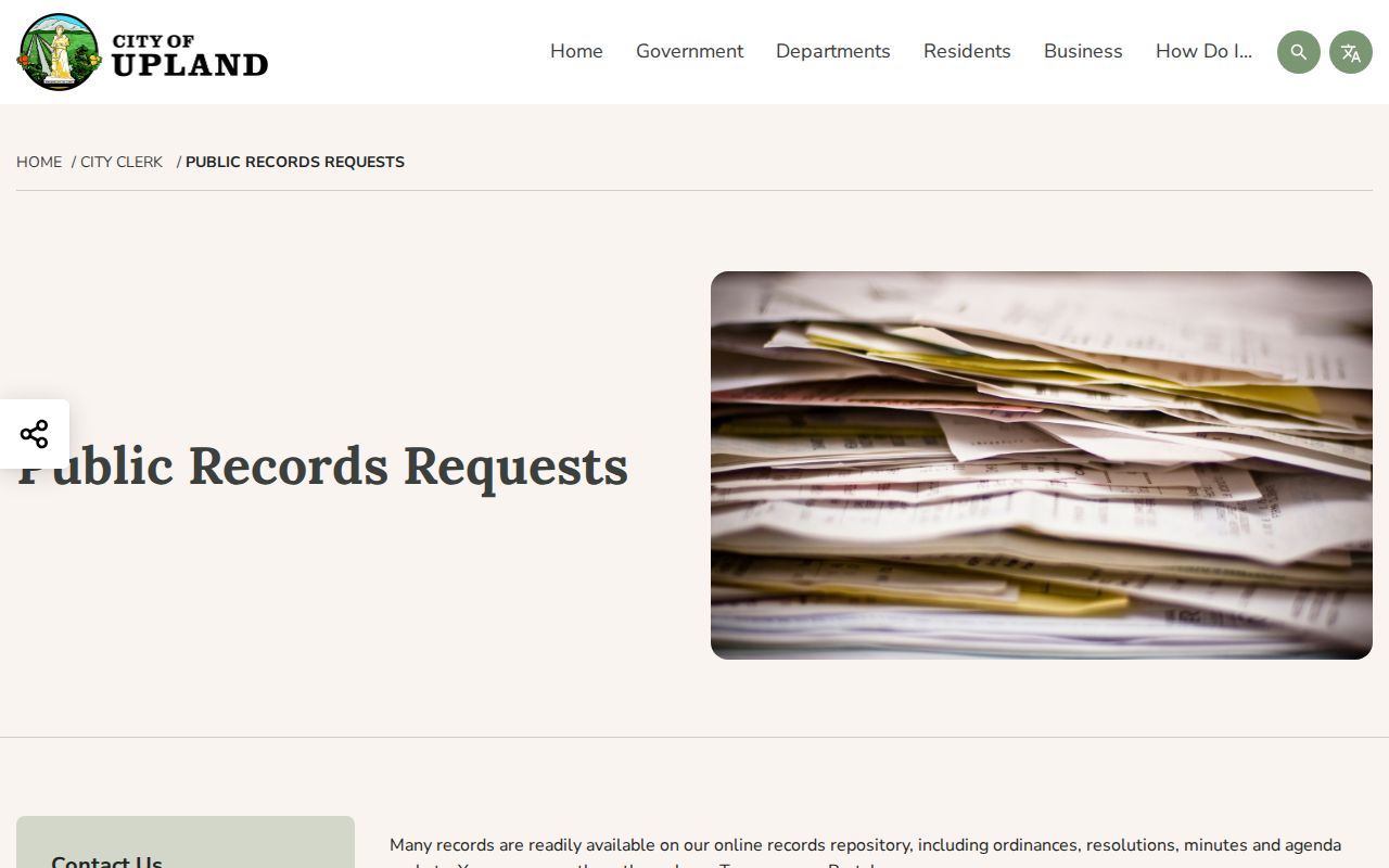 Upland residents directory City Clerk public records request