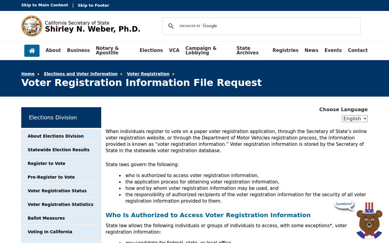 Upland previous residents California voter file request