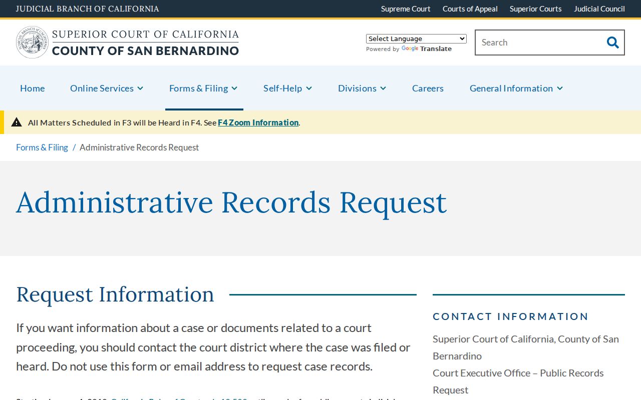 San Bernardino court administrative records request for an Upland resident lookup