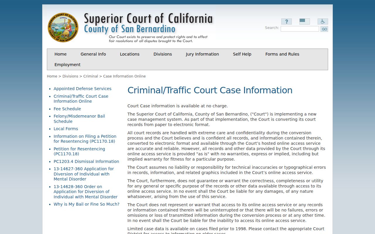 San Bernardino court case information limits for an Upland resident lookup