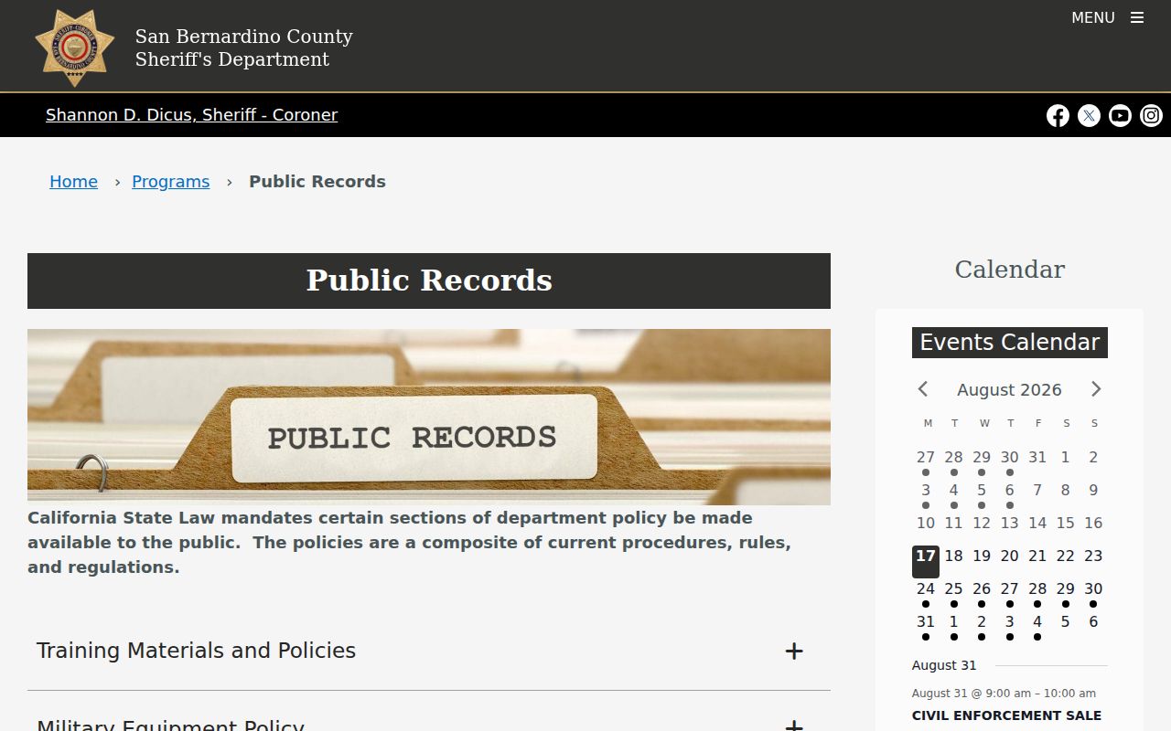 Upland street directory sheriff public records request guidance